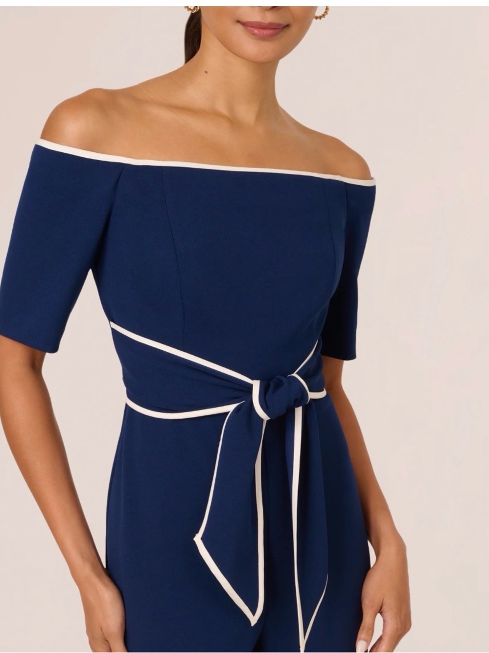 Adrianna Papell Off-Shoulder Navy Wide-Leg Jumpsuit with Contrast Trim NWT 4 - Picture 2 of 6